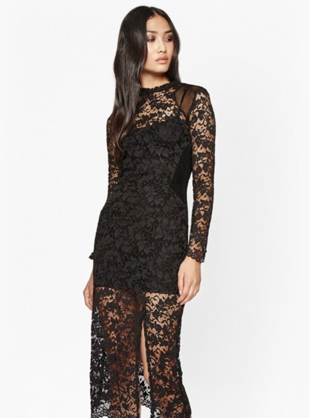 French Connection Black Lace Long-Sleeve Midi Dress with High Neck
